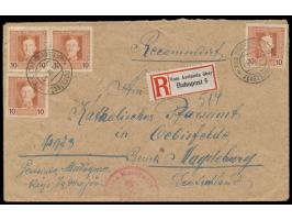 Österreich-Feldpost  4 x 10 H. auf Einschreibbrief mit Stempel K. u. k. Etappenpostamt Jedrzejow 24.7.18 nach Oebisfelde, rüc