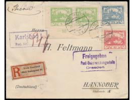 Tschechoslowakei 2 x 5 H., 10 H. und 25 H. Hradschin auf Einschreibbrief mit Stempel Karlsbad 22.3.19 und provisorischem R-St
