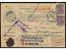 32 x 60 Pf. auf  Auslands-Wertpaketkarte  nach Kopenhagen, Wertangabe 1300 Mark, Stempel  Hamburg 18  30.3.20, deutscher und 