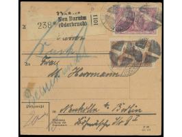 1,50 Mk. und 2,50 Mk. auf Paketkarte  Neu Barnim (Oderbruch),  Entwertung durch  Korkstempel,  Stempel 19.4.20 nach Neukölln,