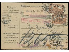 16 x 1,50 M. auf 1 Mark als seltene Massenfrankatur auf  Auslandspaketkarte  nach Schweden, Stempel  Berlin N. 65  8.7.20, Du
