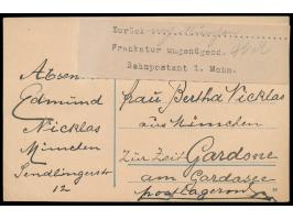 Ganzsache 30 Pf. mit Stempel München 8.2.21 nach Gardone / Italien, unterfrankiert, Aufkleber mit hektografiertem Text  "Zurü