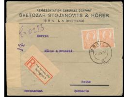 2 x  Rumänien  2 Lei auf Einschreibbrief mit Stempel  Braila  6.6.21 nach Deutschland, handschriftlicher R-Vermerk,  R-Zettel