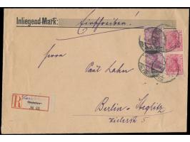 2 x 40 Pf. und 2 x 50 Pf. auf Einschreibbrief mit Stempel  Lasdehnen (Kr. Pilkallen)  16.8.21 (etwas undeutlich),  R-Zettel U