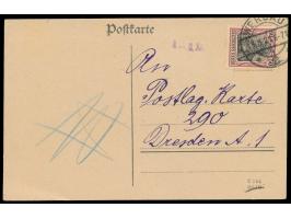 Einzelfrankatur 50 Pf. auf Postkarte mit Stempel  Werdau 2  17.8.21 an Postlagerkarte 290 in Dresden A. 1,  Postlagergebühr 1