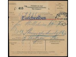 unfrankierte Paketkarte mit Stempel  Bremen 5  12.1.23, Nummernzettel  "Postpaket aus den Vereinigten Staaten von Amerika übe