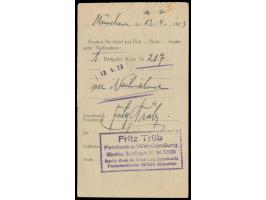 Bayern-Stempelmarke  50 M. als geduldete Frankatur auf Postkarte, Maschinenstempel  München 31  12.4.23, nach Wangen, 10 M. ü