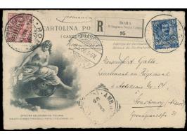 10 C. und 25 C. Floreale auf amtlicher Sonderkarte zum 6. UPU-Kongress in Rom als Einschreiben nach Deutschland, 2 x Sonderst