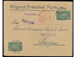 2 x 300 M. auf Auslandsdrucksache mit Stempel Fürth i. Bayern 2 20.8.23 nach China, roter Ankunftstempel Shanghai 15.10.23, v