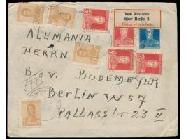 Argentinien-Ganzsachenumschlag  12 C. mit Zusatzfrankatur4 x 1 C. und 4 x 5 C. als Einschreiben von Buenos Aires 5.9.23  nach