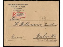 Rumänien  2 Lei im Sechserblock rückseitig auf Einschreibbrief von Bukarest 27.9.23 nach Berlin, rückseitig Bahnpoststempel  