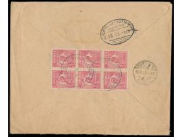 Rumänien  2 Lei im Sechserblock rückseitig auf Einschreibbrief von Bukarest 27.9.23 nach Berlin, rückseitig Bahnpoststempel  