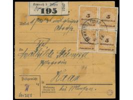 20 x 5 Mrd M. als  Vierfachporto  beidseitig auf Paketkarte  Kemnath b. Fuhrn  30.11.23 nach Haar,  Infla-Letzttag,  vier Mar