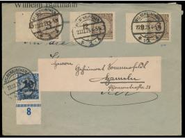 Dezemberbrief,  Unterrandmarke 10 Mrd. M. auf 20 Mio. M. (= 1 Pf.) mit 3 x 3 Pf. Rentenmark (alle mit Seitenrand links) auf B