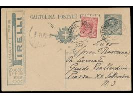 Reklame-Postkarte 15 C. Leoni mit Druckjahr "20" und seltener Werbung  "Pirelli - Pneumatici ..." , Unificato R 3A / 61 (600 
