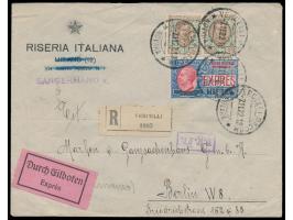 2 x 1 L. Floreale und &nbsp;Auslands-Eilmarke 1,20 L. auf 30 L. &nbsp;auf &nbsp;Eilboten-Einschreibbrief &nbsp;mit Stempel Ve