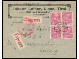 Österreich 10 H. (Ausgabe 1908) im Viererblock auf Expressbrief von Lienz 20.6.16, roter Zensurstempel, Ankunftstempel Leipzi