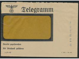 Telegramm-Umschlag (Fensterumschlag) mit rückseitiger Reklame "Schnelles Handeln ... telegraphieren Sie!", vorderseitig Stech