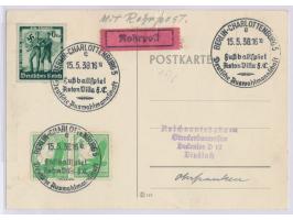 2x 5 Pfg. Flugpost und 6 Pfg. Volksabstimmung auf Rohrpostkarte mit Sonderstempel Berlin Charlottenburg 5 &nbsp;Fußballspiel 