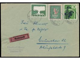 Rohrpost-Ortsbrief  mit Stempel  München 8  12.5.58, frankiert mit drei Sondermarken zu 10 Pf. (Porto 30 Pf.), rückseitig rot