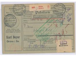 Grüna (Sachs),  violetter zweizeiliger  Einnahme-Nachweis-Stempel  auf Auslands-Wertpaketkarte in die Schweiz, Stempel Grüna 