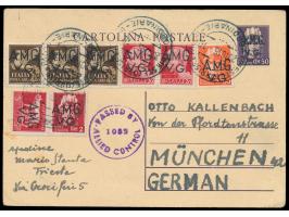 Alliierte Besetzung von Julisch-Venetien,  Ganzsache 50 C. "Turrita" mit Aufdruck  A.M.G. / V.G.  (Unificato C 4), Zusatzfran