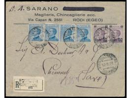 Ägäische Inseln,  Michetti 4 x 25 C. und 2 x 50 C. auf 55 C. auf  Einschreibbrief  nach Deutschland, Stempel  Poste Ital. Rac