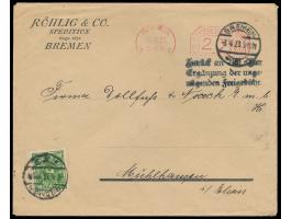 Postfreistempel  Bremen  31.3.23 mit Achteck-Wertrahmen 20 W. (M kopfstehend) auf Auslandsdrucksache nach Frankreich, unterfr