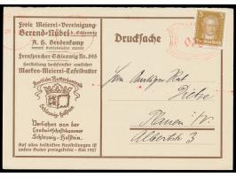 Paketkarten-Postfreistempel   Schleswig  29.9.28 mit Bogen-Rechteck-Wertstempel 2 Pf.   und  2 Stempelköpfen links  29.9.28 a