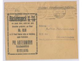 Postsache-Umschlag des Postscheckamt Karlsruhe mit vorderseitiger Reklame "Ph. Gutermann, Fleischwarenfabrik, Heidelberg", Ma