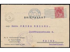 Niederlande 5 C. auf Firmenkarte mit sechseckigem  Custos-Stempel "5" ... Duisburg, Maschinenstempel Amsterdam 16.2.16, nach 