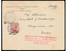 Levante, &nbsp;7,20 Pia. auf 60 C. als Einzelfrankatur auf Firmenbrief mit Stempel Costantinopoli / Poste Italiane 18.4.22 na