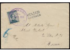 Libyen,  violetter Stempel  Posta da Campo Div.ne Speciale  28. Ott. 1911 und schwarzer L2  Bengasi / Cirenaica  auf Brief mi