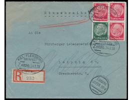 Kiel - Flensburg  Z. 1020, Ovalstempel 24.2.38 auf  Einschreibbrief  nach Leipzig, Bahnpoststempel auch auf  Blanko-R-Zettel,