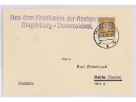 3 Pf. Ebert auf Stempel-Beschaffungskarte mit Stempel  Magdeburg  25.5.32 und violetter L2  "Aus dem Briefkasten der Kraftpos