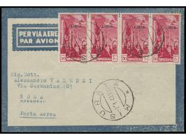 Libyen,  waagerechter Viererstreifen 50 C. Flugpost auf  Luftpostbrief  mit Stempel  Misurata  7.1.43 nach Rom, undeutlicher 
