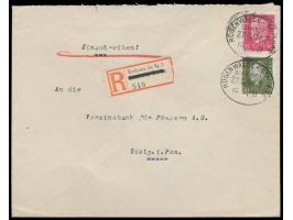 Rügenwalde - Schlawe  Zug 967, Stumpfovalstempel 10.2.31 auf  Einschreibbrief  mit 15  Pf. und 30 Pf. nach Stolp,  R-Zettel "