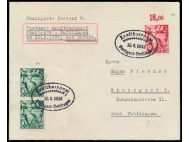 Ovalstempel  Kraftkurspost Versuchsfahrt 1 Stuttgart - Tuttlingen  18.6.1938 auf Brief mit Sondermarken-Frankatur nach Stuttg