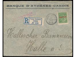 5 L. und Sechserblock 10 L. (rückseitig) mit Londoner Aufdruck auf  Einschreibbrief mit Stempel  Heraklion 31.12.1910 nach De