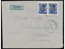 Überdruckausgabe 4 Din. im Paar auf  Luftpostbrief  an das Rote Kreuz in Genf, aptierter Stempel  Crikvenica  4.11.41, Bedarf
