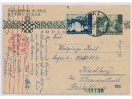 Ganzsache 1,50 Kuna mit Zusatzfrankatur 0,50 Kuna an eine Kroatin im Umsiedlerlager für Kroatiendeutsche in  Kirschberg bei L