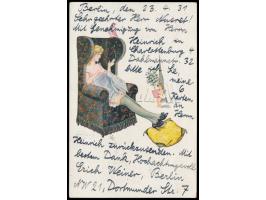 Privatganzsache &nbsp;15 Pf. Steinadler , Künstler-Kitsch-Karte &nbsp;&quot;... Liebesgrüße&quot; &nbsp;(Frau im Sessel, M.M.