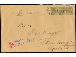 2 großformatige Privat-Ganzsachenumschläge mit drei Wertstempeln zu 60 Pf. olivgrün, Strahlendorf / Mette PU 55 A 1, 1 x unge