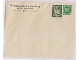 Privat-Ganzsachenumschlag mit Wertstempel 300 M. Ziffer und 100 M. Holztaube, Absender "Frommannsche Buchhandlung ... Jena", 