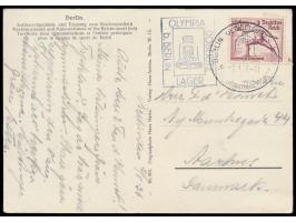 Sondermarke Olympia 15 Pfg. Einzelfrankatur portorichtig als Auslandskarte, Sonderstempel Berlin Olympisches Dorf 3.8.36, sel