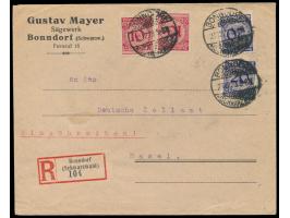 2 x 10 Pf. und 2 x 20 Pf. Rosette auf Auslands-Einschreibbrief mit Stempel Bonndorf (Schwarzwald) 27.12.23  an das Deutsche Z