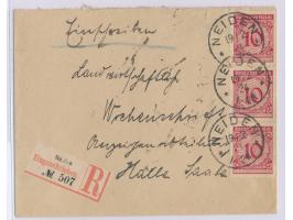 3 x 10 Pf. Rosette auf Einschreibbrief mit Stempel Neiden 19.2.24 nach Halle, alter ungezähnter R-Zettel mit "R" rechts, Anku