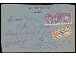 Portugal  4 C. (rückseitig) und 3 x 80 C.. auf  Einschreibbrief  nach Berlin, Stempel  Funchal  14.2.25, handschriftlicher R-