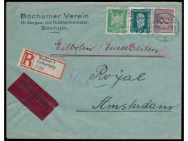 Auslands-Eilboten-Einschreibbrief mit Stempel Bochum 1 19.6.25 nach Amsterdam,  R-Zettel "Bochum 1 Entkartung" , Ankunftstemp