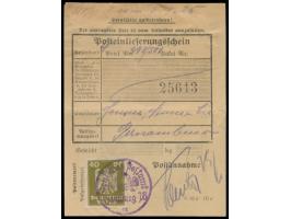 30 Pf. "Neuer Reichsadler" auf  Einlieferungsschein  für drei Einschreibbriefe nach Brasilien, entwertet mit violettem Dienst